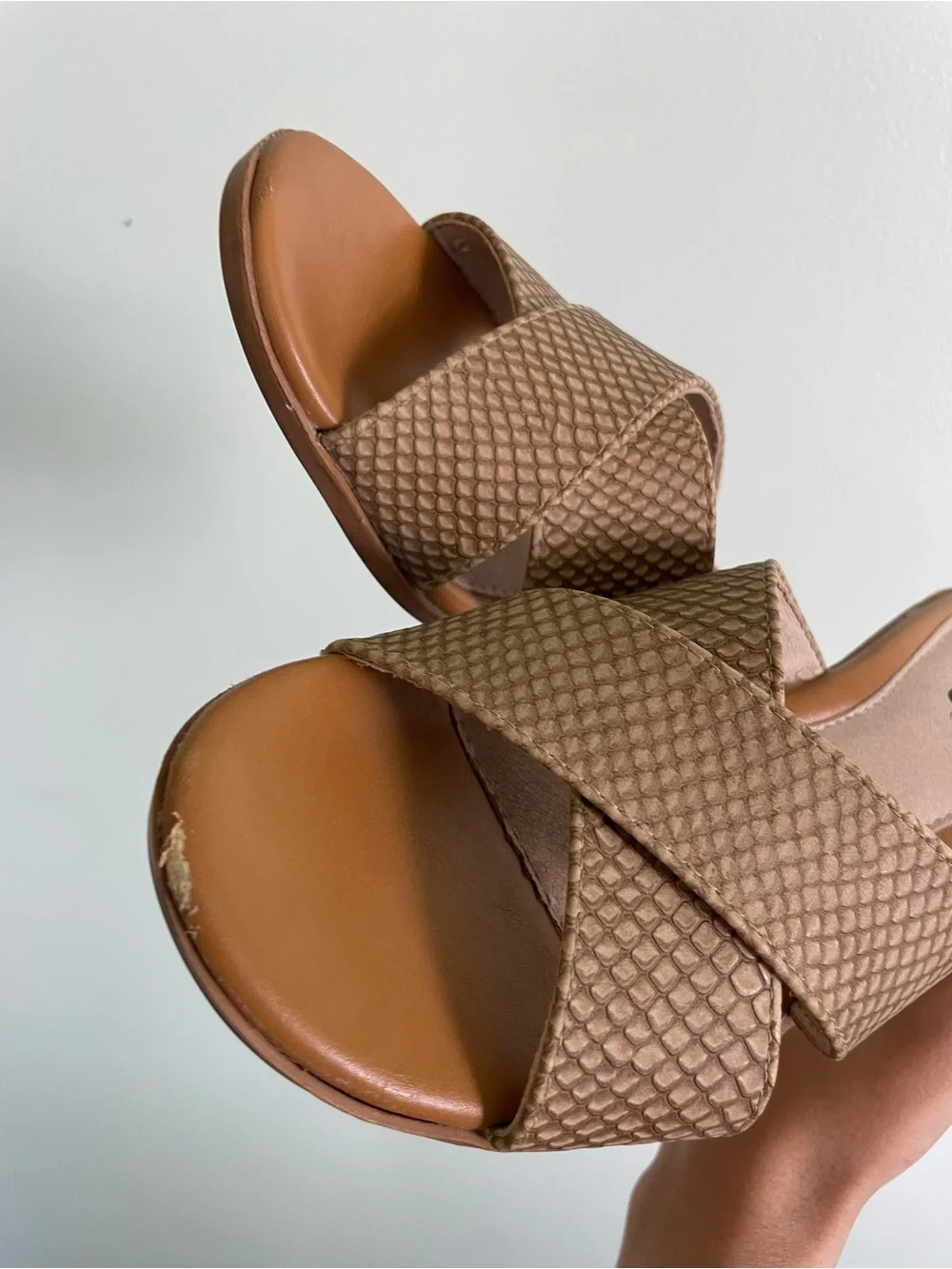 “Woven” look Tan Crossband Slide Mules Heel Sandals
